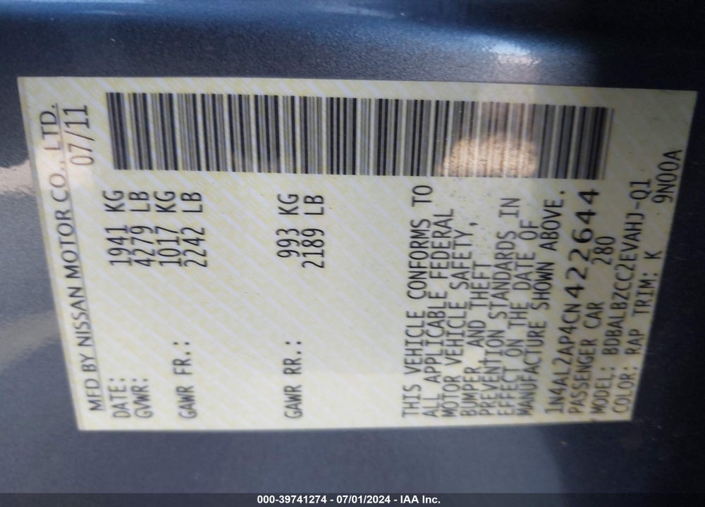 2012 NISSAN ALTIMA 2.5 S VIN: 1N4AL2AP4CN422644