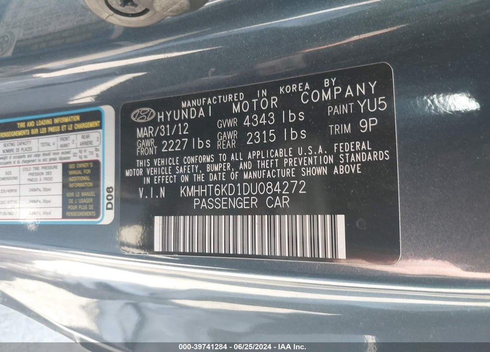 2013 HYUNDAI GENESIS 2.0T PREMIUM VIN: KMHHT6KD1DU084272
