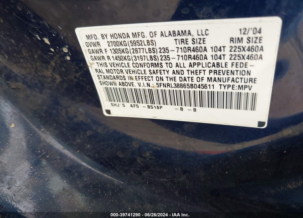 2005 HONDA ODYSSEY TOURING VIN: 5FNRL38865B045611