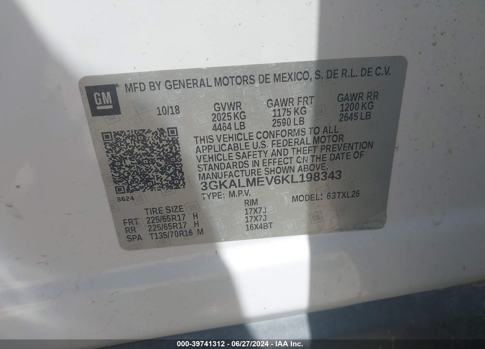 2019 GMC TERRAIN SLE VIN: 3GKALMEV6KL198343
