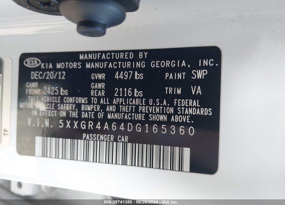 2013 KIA OPTIMA SX VIN: 5XXGR4A64DG165360