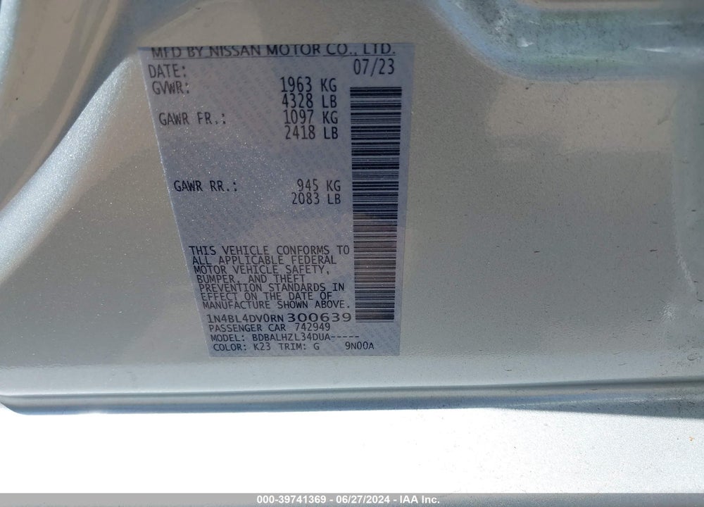 2024 NISSAN ALTIMA SV FWD VIN: 1N4BL4DV0RN300639