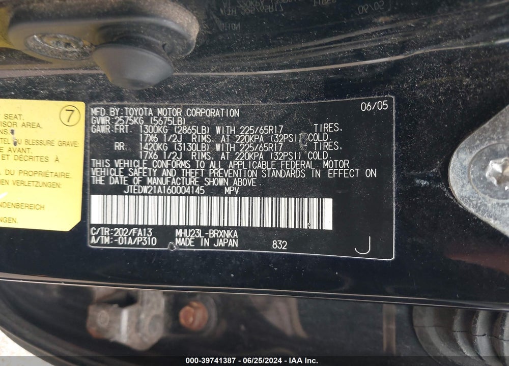 2006 TOYOTA HIGHLANDER HYBRID V6 VIN: JTEDW21A160004145