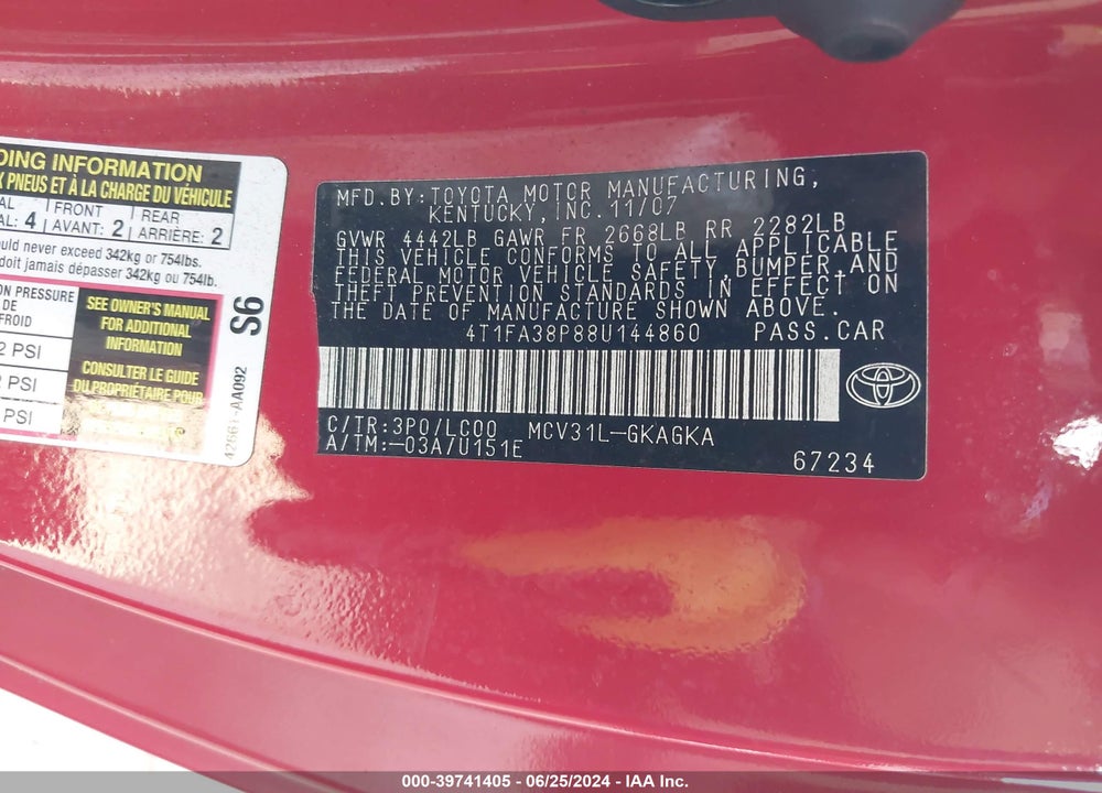 2008 TOYOTA CAMRY SOLARA SLE VIN: 4T1FA38P88U144860