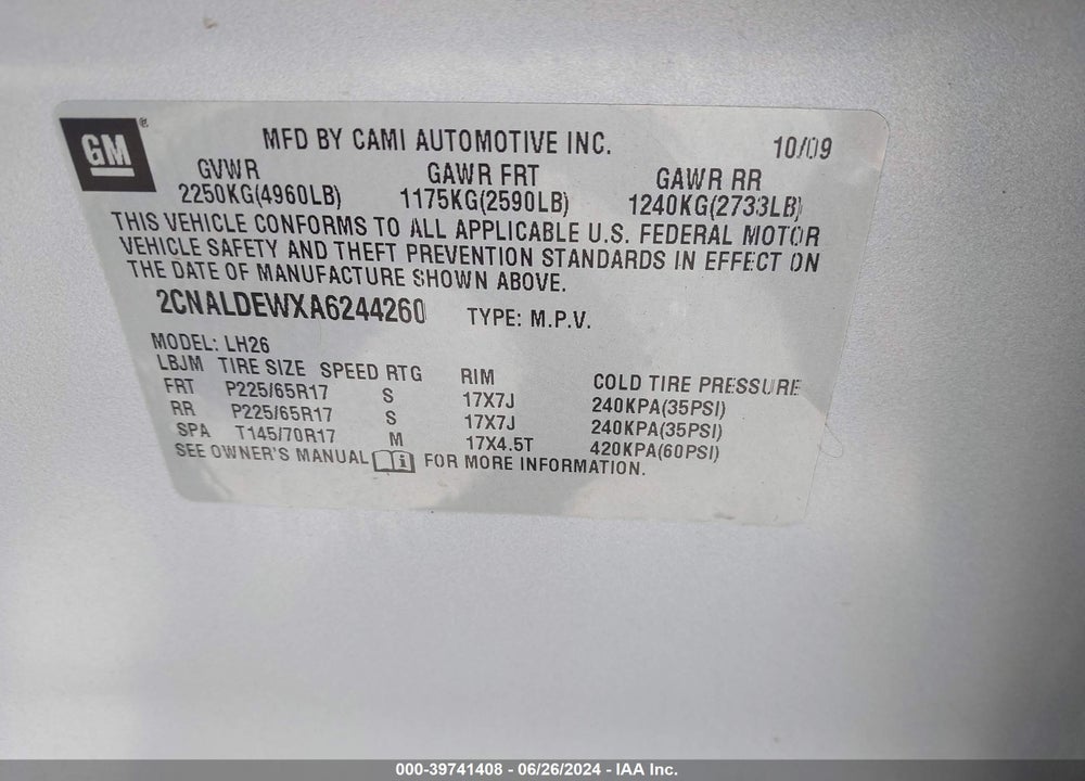 2010 CHEVROLET EQUINOX LT VIN: 2CNALDEWXA6244260