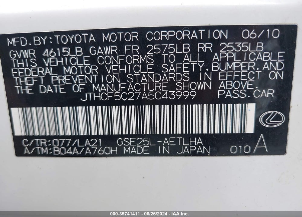 2010 LEXUS IS 250 VIN: JTHCF5C27A5043999