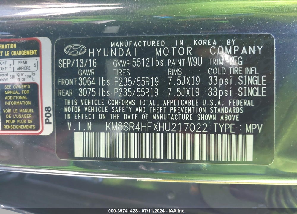 2017 HYUNDAI SANTA FE SE ULTIMATE VIN: KM8SR4HFXHU217022