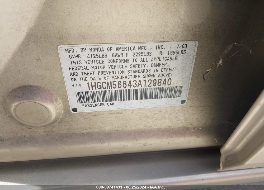 2003 HONDA ACCORD 2.4 EX VIN: 1HGCM56643A129840
