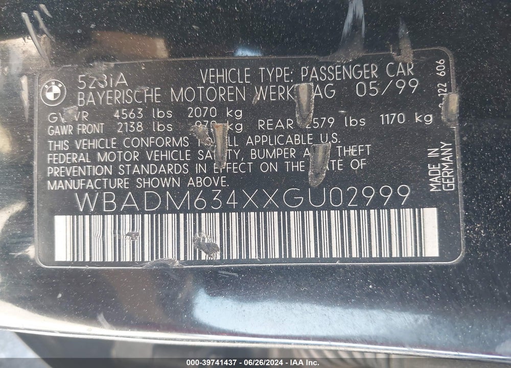 1999 BMW 528IA VIN: WBADM634XXGU02999
