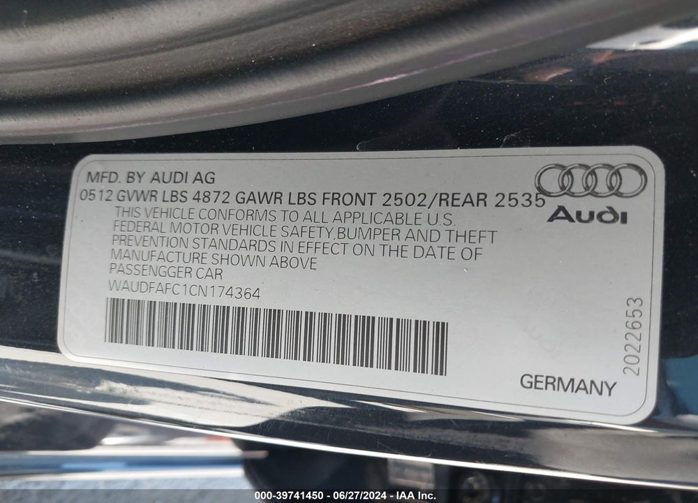 2012 AUDI A6 2.0T PREMIUM VIN: WAUDFAFC1CN174364