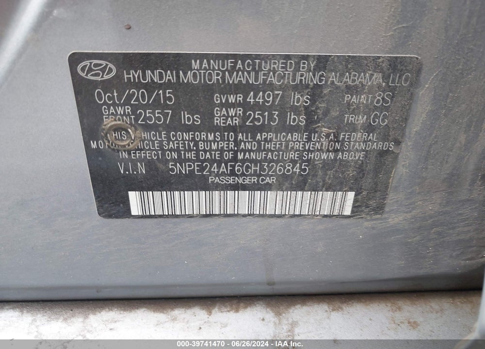 2016 HYUNDAI SONATA VIN: 5NPE24AF6GH326845