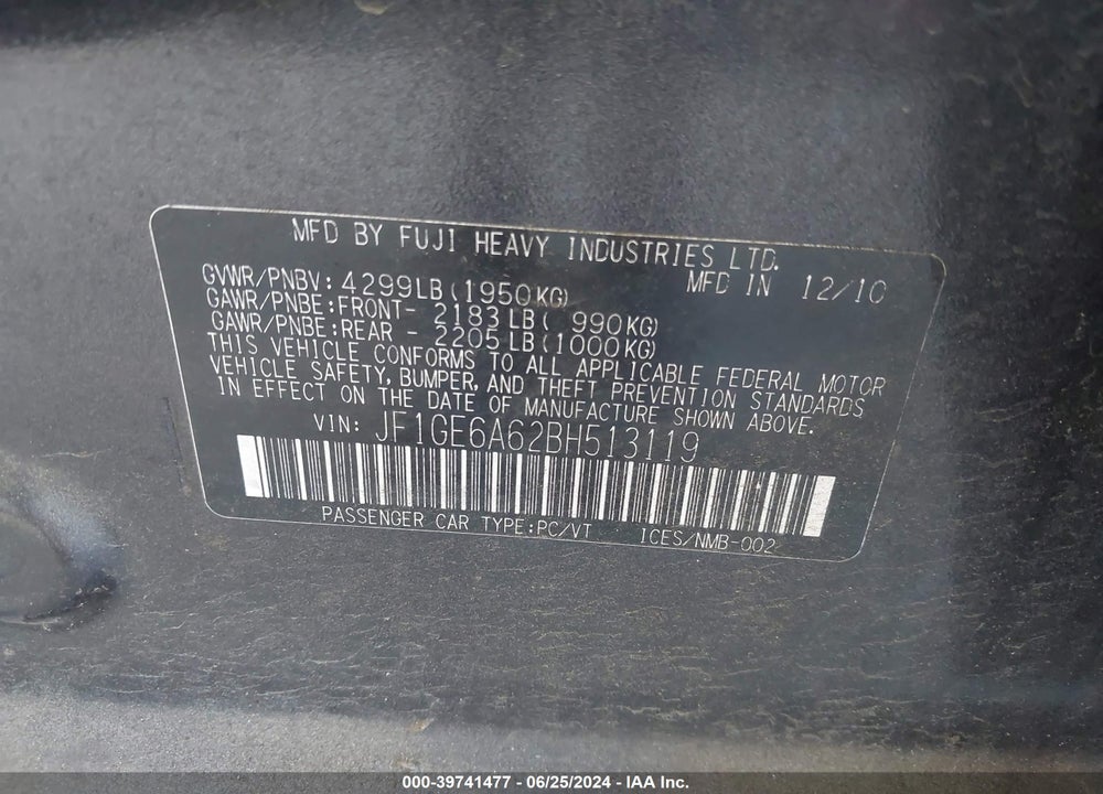 2011 SUBARU IMPREZA 2.5I VIN: JF1GE6A62BH513119