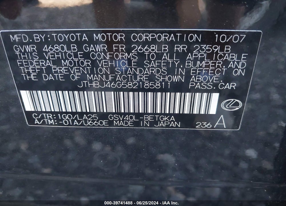 2008 LEXUS ES 350 VIN: JTHBJ46G582185811
