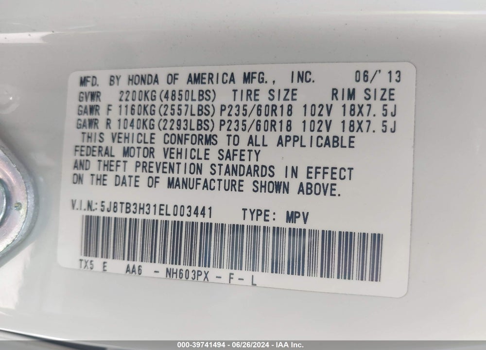 2014 ACURA RDX VIN: 5J8TB3H31EL003441