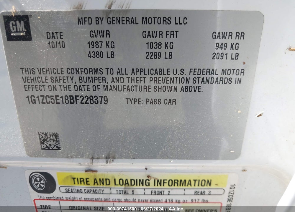 2011 CHEVROLET MALIBU VIN: 1G1ZC5E18BF228379