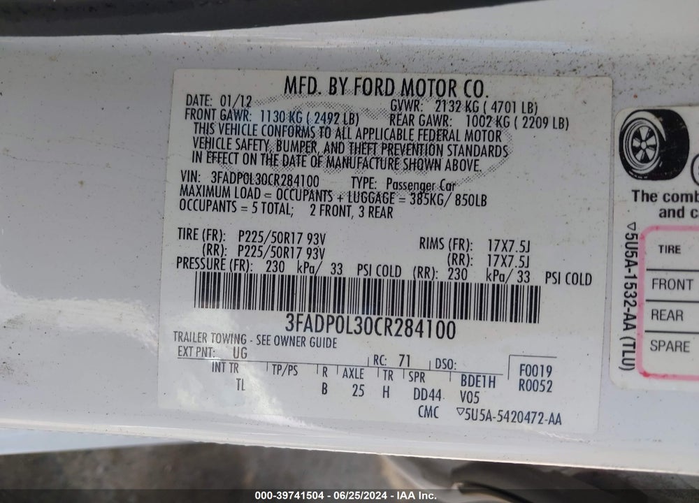2012 FORD FUSION HYBRID VIN: 3FADP0L30CR284100
