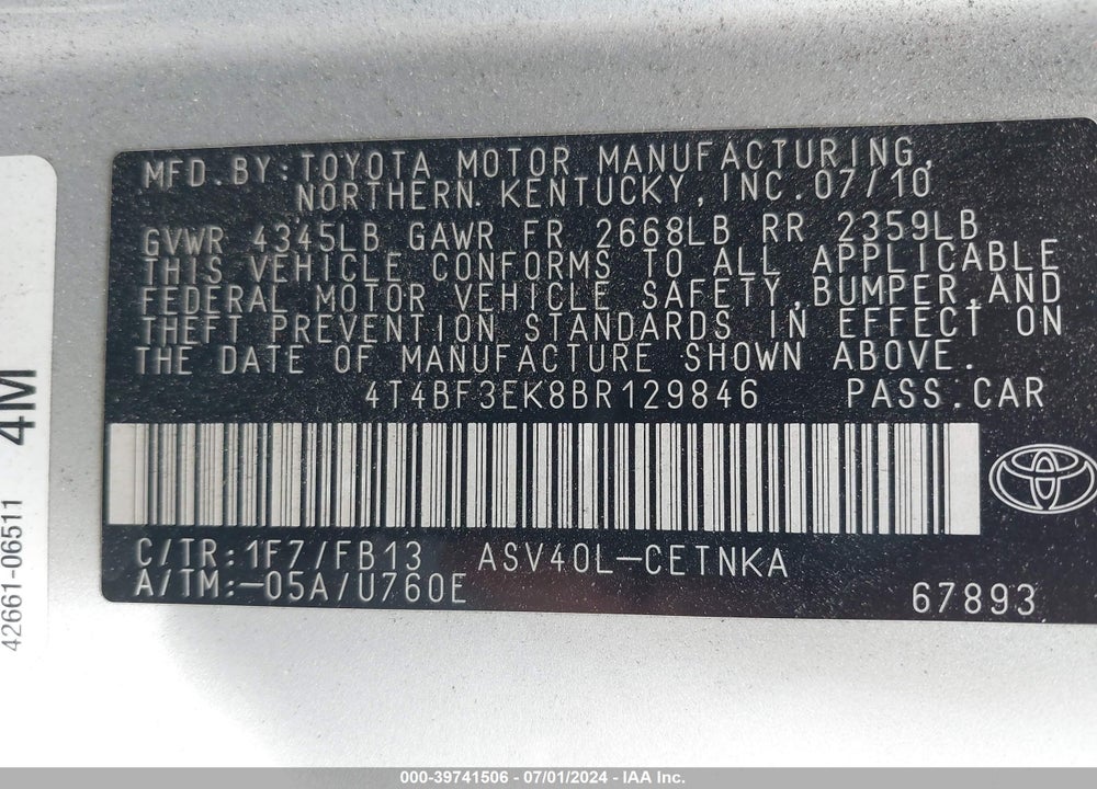 2011 TOYOTA CAMRY LE VIN: 4T4BF3EK8BR129846