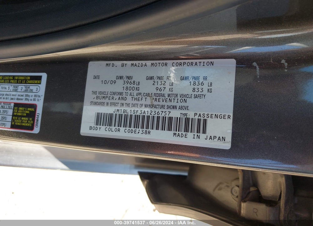 2010 MAZDA 3 I TOURING VIN: JM1BL1SF3A1236757