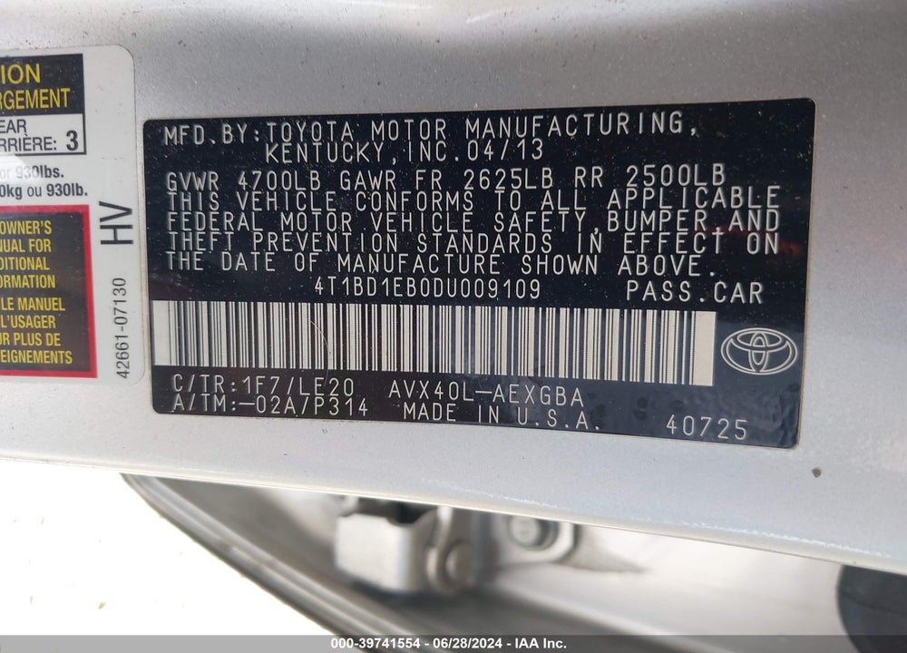 2013 TOYOTA AVALON HYBRID XLE TOURING VIN: 4T1BD1EB0DU009109