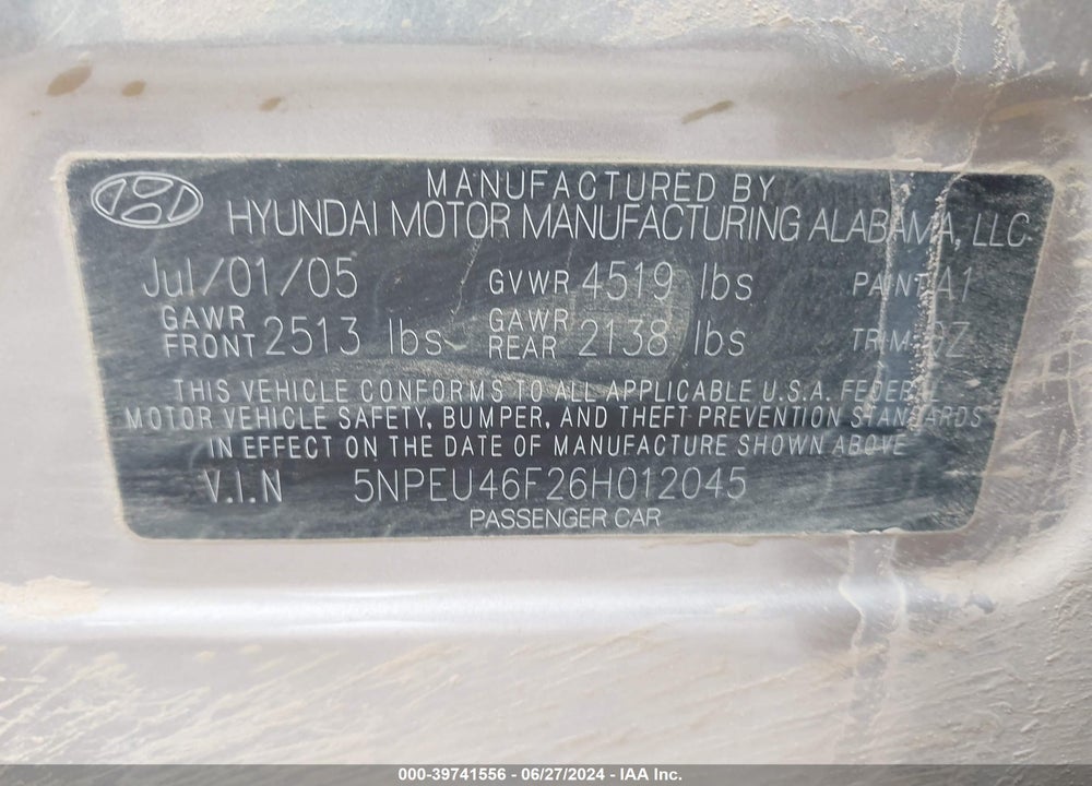 2006 HYUNDAI SONATA GLS V6/LX V6 VIN: 5NPEU46F26H012045