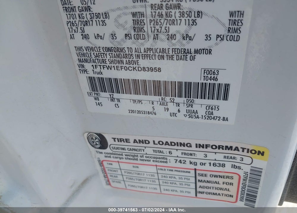 2012 FORD F-150 XL VIN: 1FTFW1EF0CKD83958