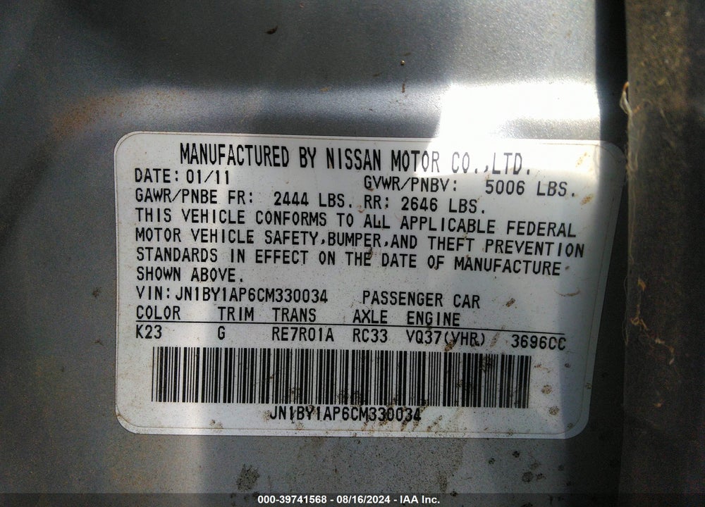 2012 INFINITI M37 VIN: JN1BY1AP6CM330034
