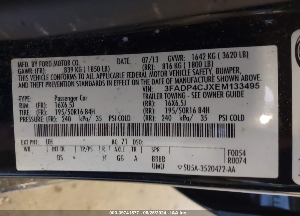 2014 FORD FIESTA VIN: 3FADP4CJXEM133495