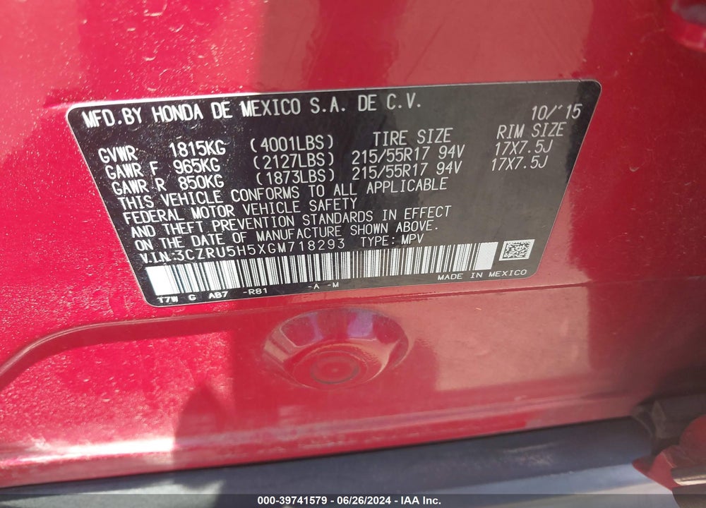 2016 HONDA HR-V EX VIN: 3CZRU5H5XGM718293