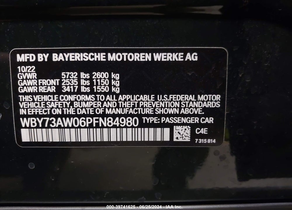 2023 BMW I4 EDRIVE40 VIN: WBY73AW06PFN84980