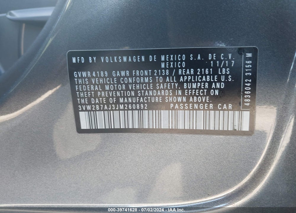 2018 VOLKSWAGEN JETTA 1.4T S VIN: 3VW2B7AJ3JM260892