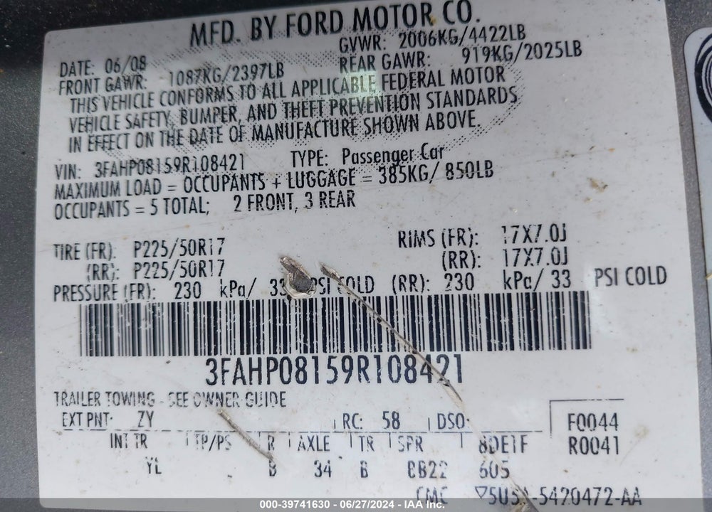 2009 FORD FUSION SEL VIN: 3FAHP08159R108421