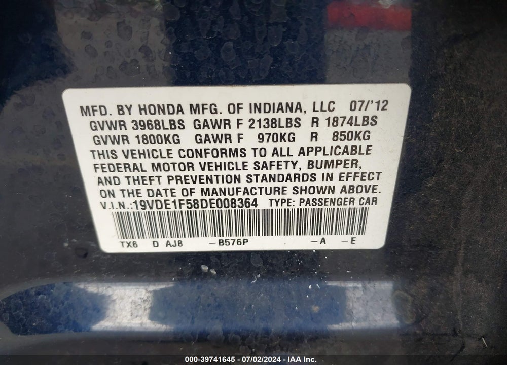 2013 ACURA ILX 2.0L VIN: 19VDE1F58DE008364