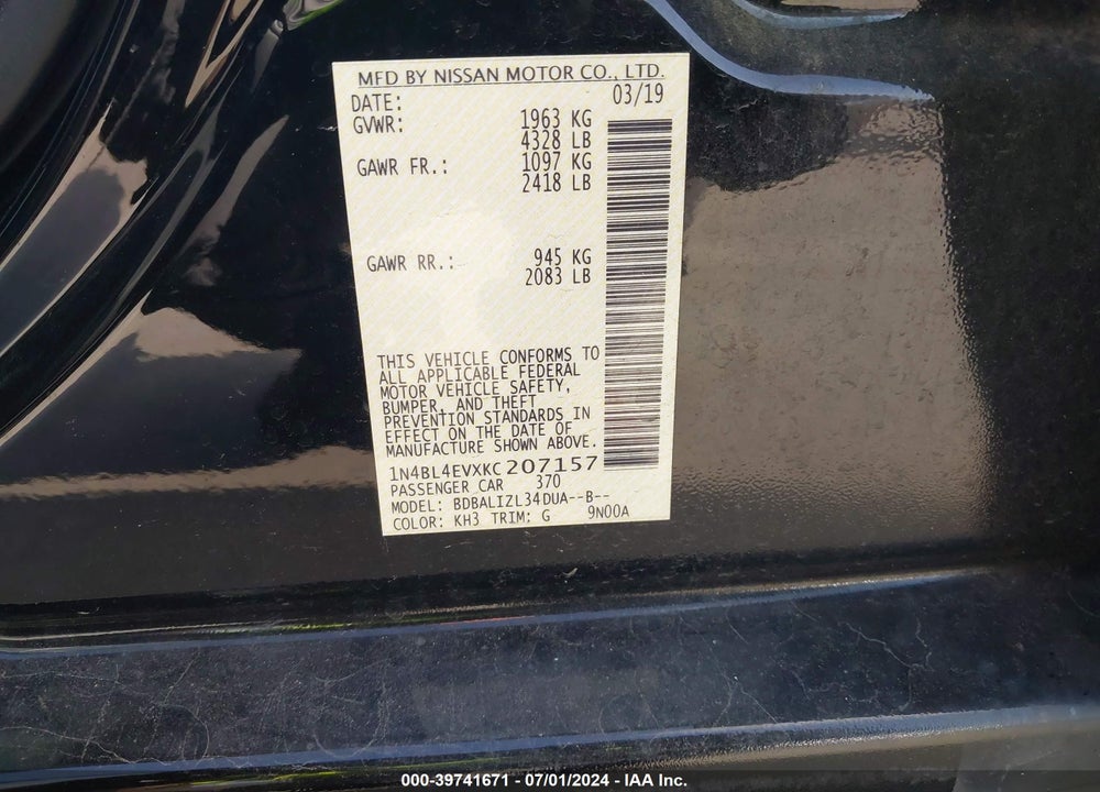2019 NISSAN ALTIMA 2.5 SL VIN: 1N4BL4EVXKC207157