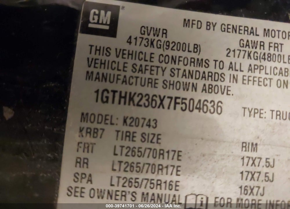 2007 GMC SIERRA 2500HD SLT VIN: 1GTHK236X7F504636