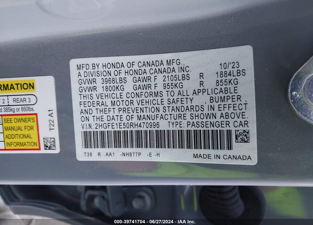 2024 HONDA CIVIC SI SEDAN VIN: 2HGFE1E50RH470996