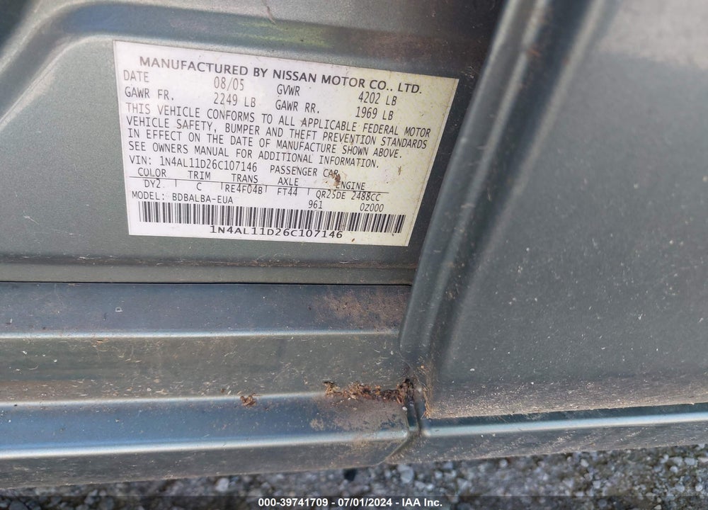 2006 NISSAN ALTIMA 2.5 S VIN: 1N4AL11D26C107146