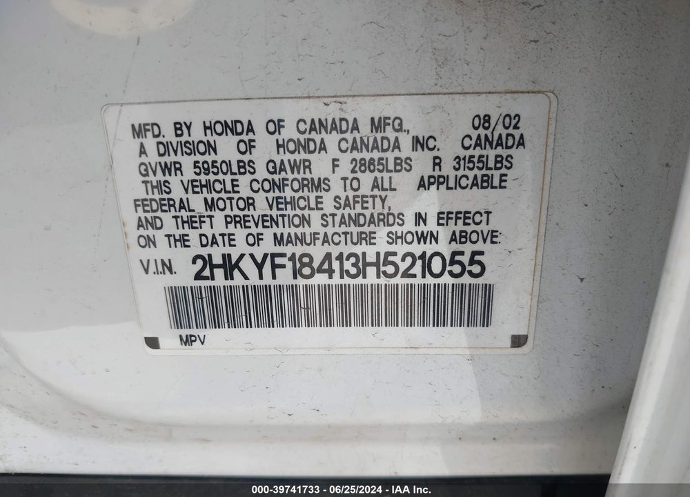 2003 HONDA PILOT EX VIN: 2HKYF18413H521055