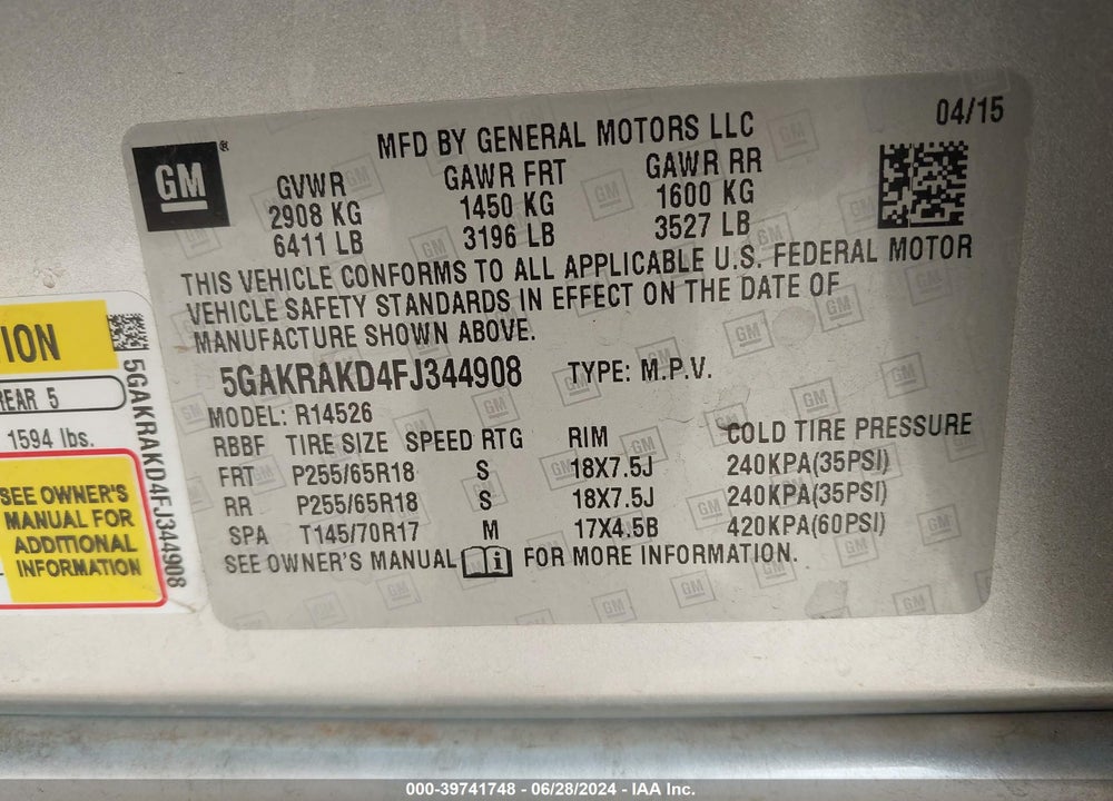 2015 BUICK ENCLAVE CONVENIENCE VIN: 5GAKRAKD4FJ344908
