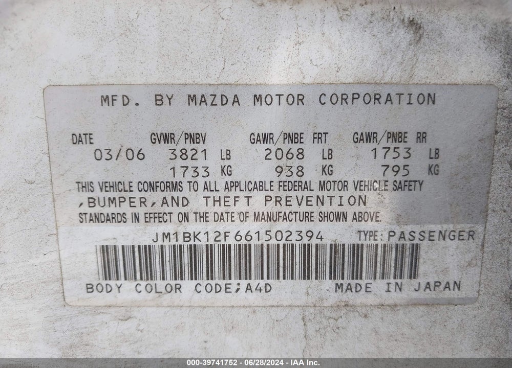 2006 MAZDA 3 I VIN: JM1BK12F661502394