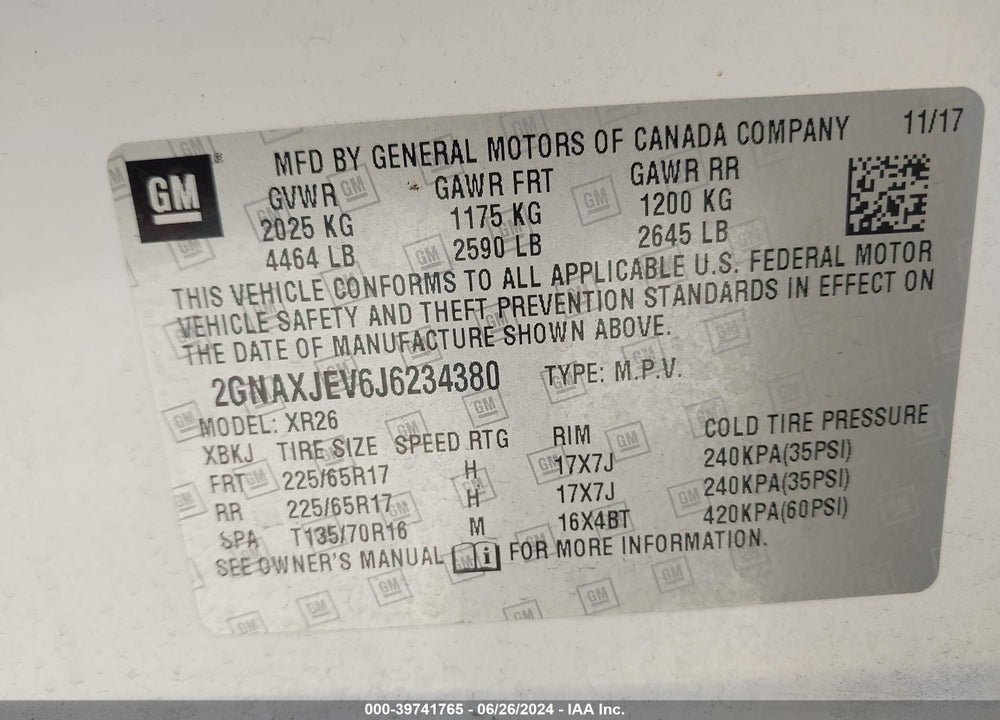 2018 CHEVROLET EQUINOX LT VIN: 2GNAXJEV6J6234380
