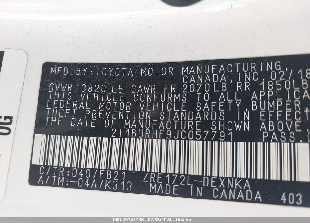 2018 TOYOTA COROLLA LE VIN: 2T1BURHE9JC057791
