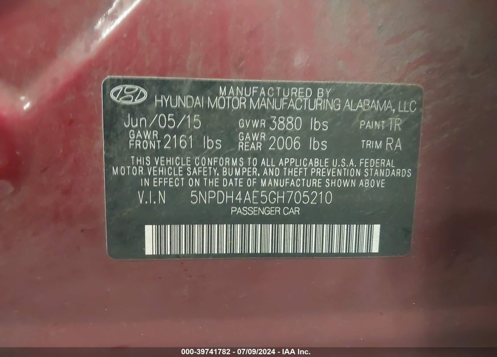 2016 HYUNDAI ELANTRA SE VIN: 5NPDH4AE5GH705210