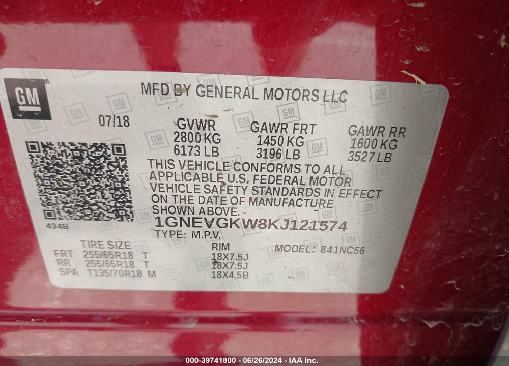 2019 CHEVROLET TRAVERSE 1LT VIN: 1GNEVGKW8KJ121574