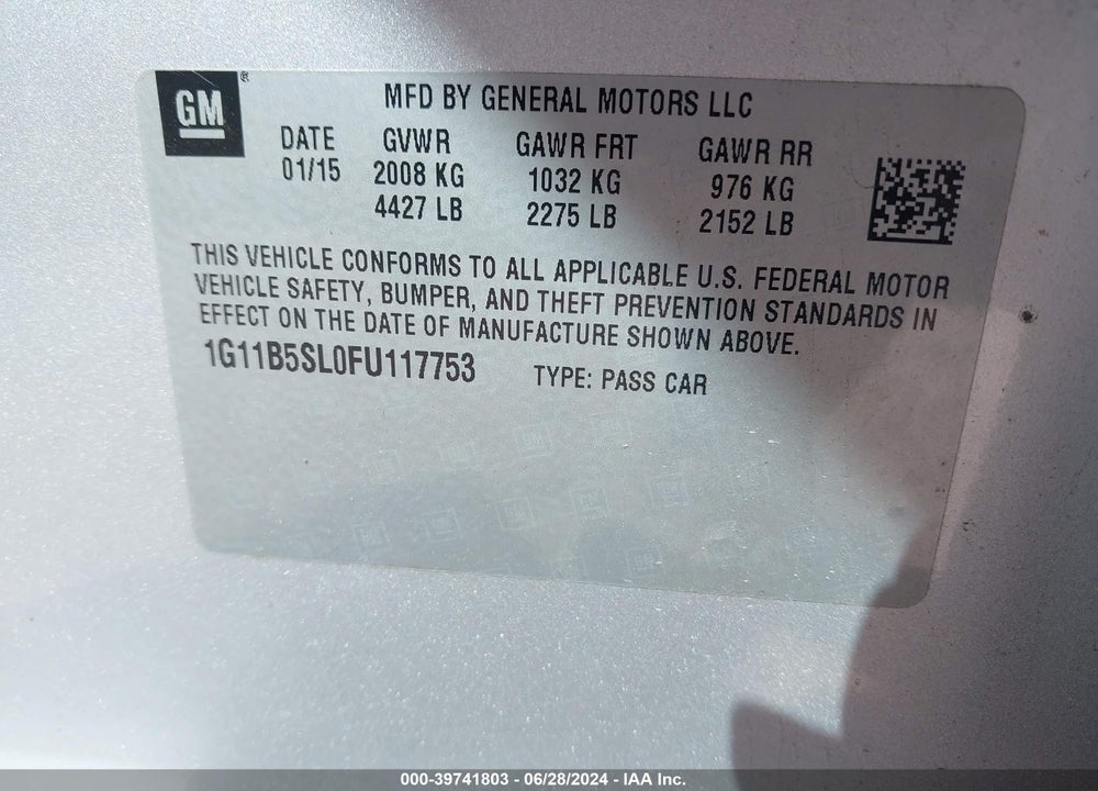 2015 CHEVROLET MALIBU LS VIN: 1G11B5SL0FU117753