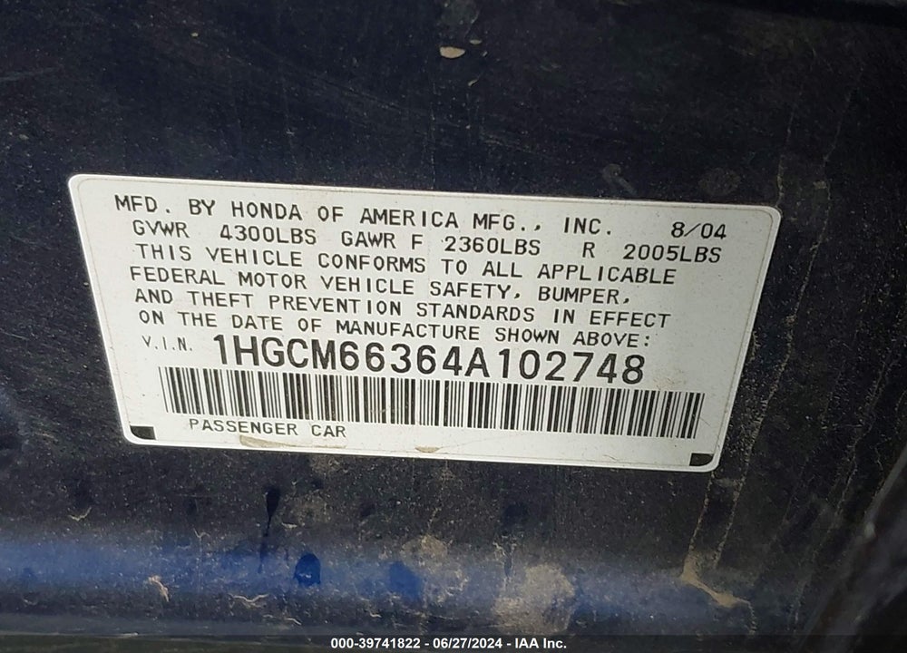 2004 HONDA ACCORD 3.0 LX VIN: 1HGCM66364A102748