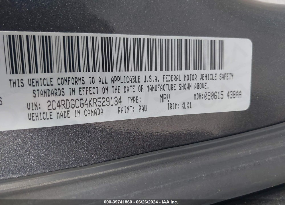 2019 DODGE GRAND CARAVAN SXT VIN: 2C4RDGCG4KR529134