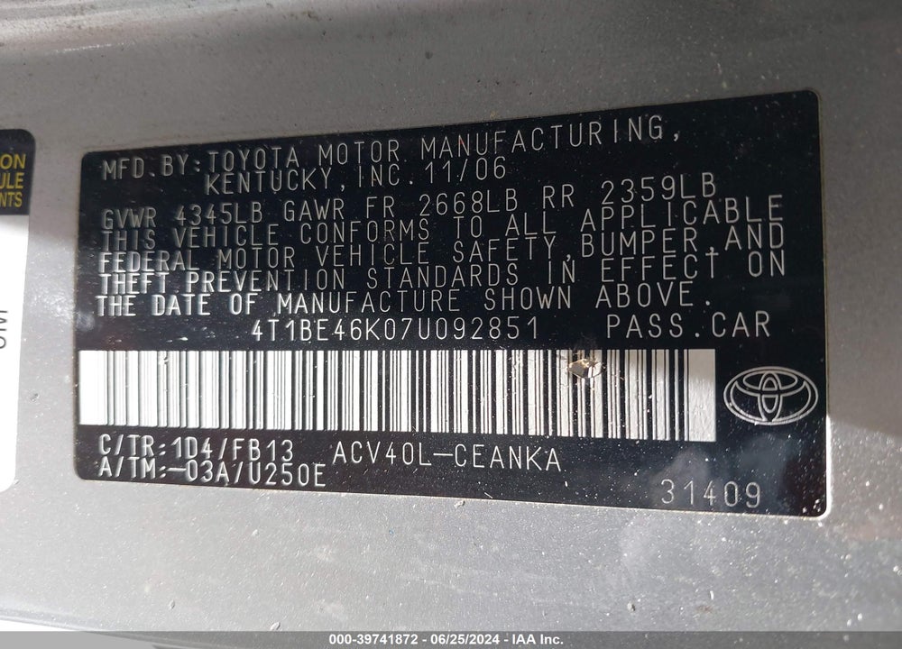 2007 TOYOTA CAMRY LE VIN: 4T1BE46K07U092851