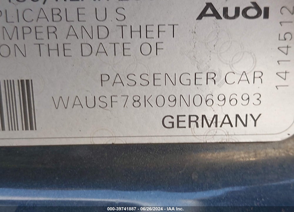 2009 AUDI A4 VIN: WAUSF78K09N069693