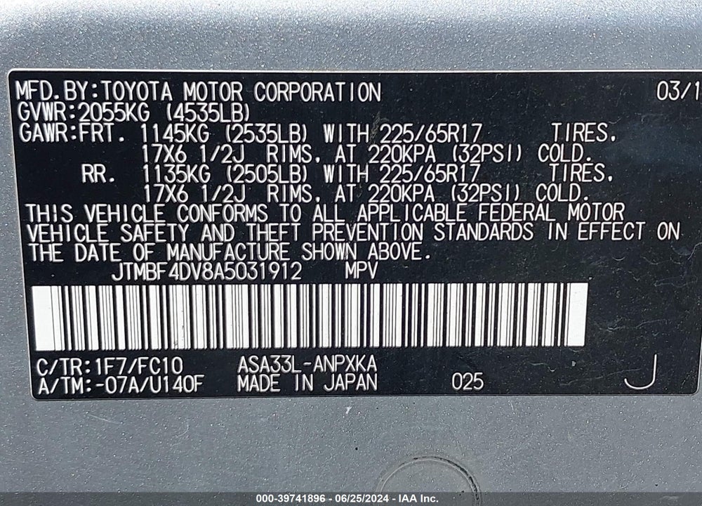 2010 TOYOTA RAV4 VIN: JTMBF4DV8A5031912
