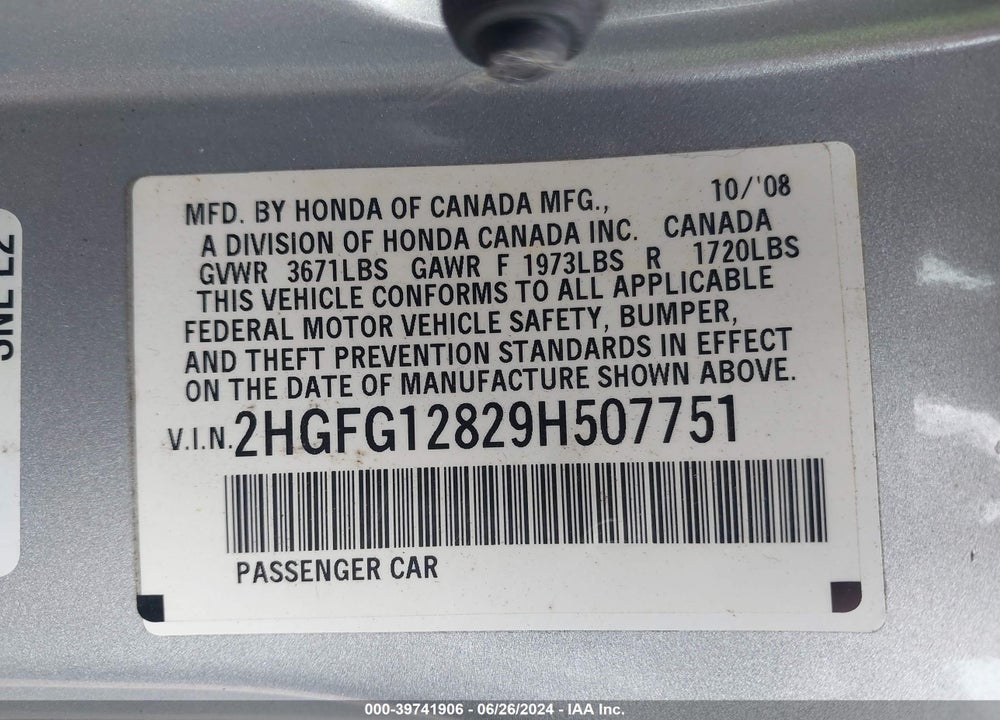 2009 HONDA CIVIC EX VIN: 2HGFG12829H507751